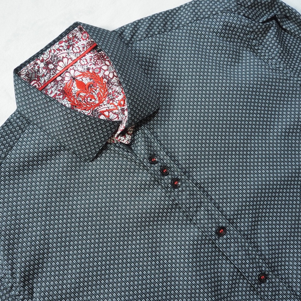 Au Noir Sz 4 Black Micro-Pattern Button-Down Shirt with Red Contrast 100% Cotton